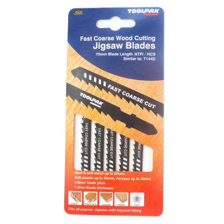 Jigsaw Blades 75mm 6tpi FastCut Wood Pack of 5 Toolpak 